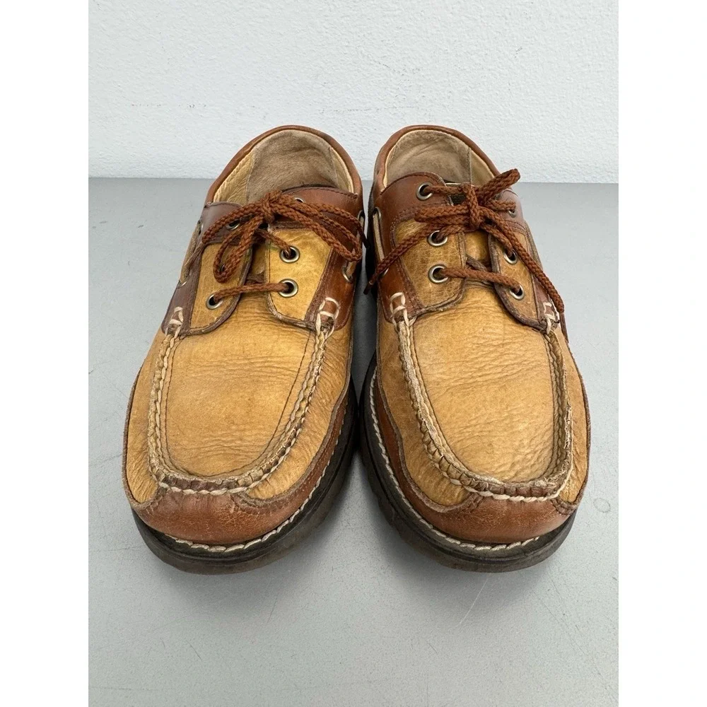 LL Bean Allagash Boat Shoes Mens 7.5 D Tan Brown Bison Leather Handsewn Oxford